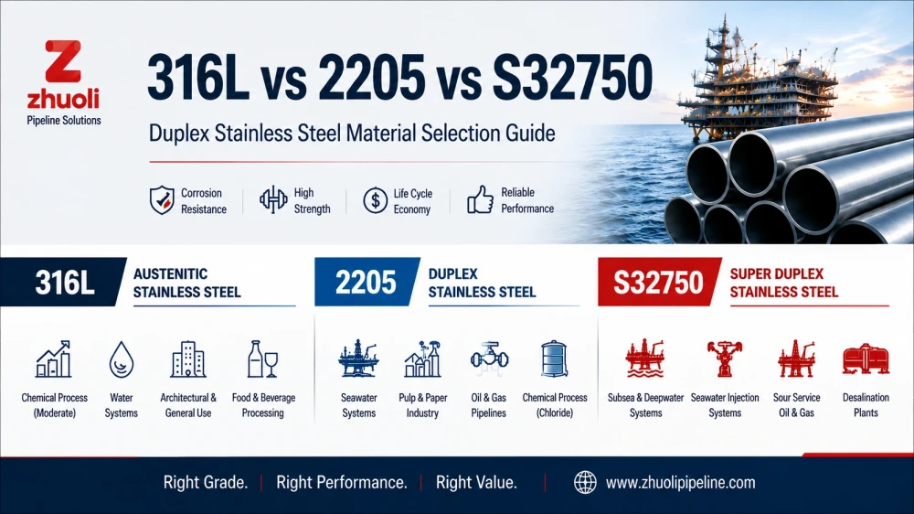 Duplex vs Austenitic Stainless Steel: 316L vs 2205 vs S32750 Selection Guide for Piping Applications